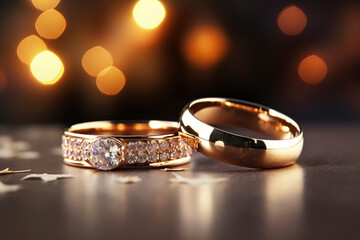 two golden wedding rings with diamonds on a blurred background. brown tones backdrop.