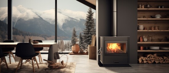 contemporary oven in alpine cabin With copyspace for text