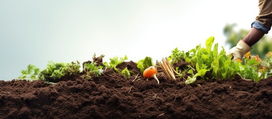Farmer adds compost to vegetable garden soil With copyspace for text - obrazy, fototapety, plakaty
