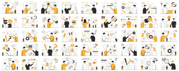 Business scene set. Mega set. Collection of scenes:HR specialist,data analytic,FAQ,tax,new idea,start up,check list,online shop,etc. Business people in different situation. Vector illustration. - obrazy, fototapety, plakaty