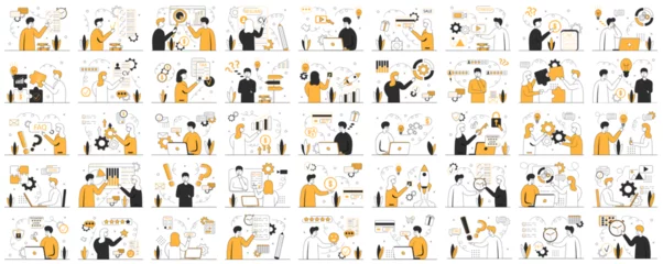 Deurstickers Business scene set. Mega set. Collection of scenes:HR specialist,data analytic,FAQ,tax,new idea,start up,check list,online shop,etc. Business people in different situation. Vector illustration. © Liubomyr