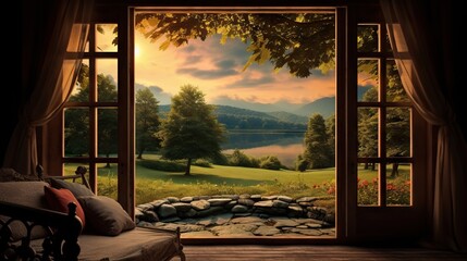  a window with a view of a beautiful landscape outside of it.  generative ai