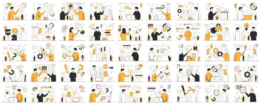 Business scene set. Mega set. Collection of scenes:HR specialist,data analytic,FAQ,tax,new idea,start up,check list,online shop,etc. Business people in different situation. Vector illustration.