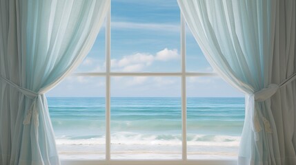 Fototapeta na wymiar a window with a view of the ocean and a beach. generative ai