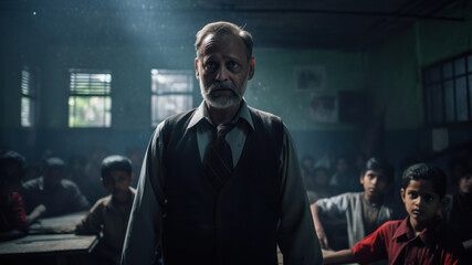 Portrait of a senior Indian teacher standing in front of his students