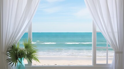  a window with a view of the ocean and a beach.  generative ai