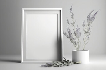 Blank frames mockup with lavender flowers on grey. Minimalist decor. Generative AI