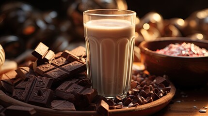  a glass of milk next to a plate of chocolates.  generative ai