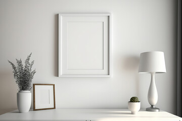 Mockup of a blank picture frame on a gray wall. Design for a white living room. A view of a contemporary Scandinavian-style room with a mock-up of the art. Interior design with a minimalist theme