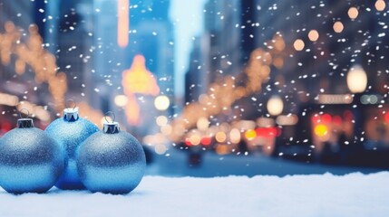 Christmas baubles set against a blurred evening cityscape, radiating festive bokeh lights