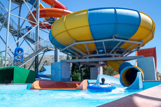 Playground with a swimming pool. water Park for children. colorful sports facilities autdoor games