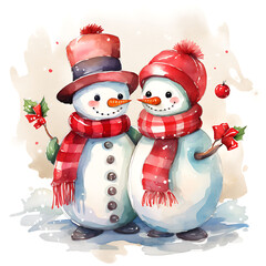 Christmas watercolor hand-drawn couple snowman design illustration.