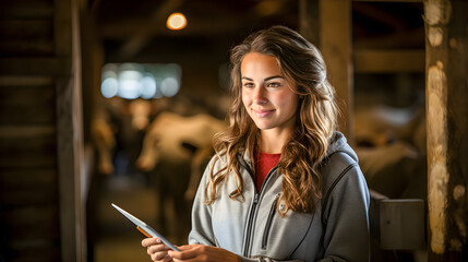 Young female livestock farmer or veterinarian using a digital device or tablet caring for livestock in a barn. Modern livestock farming. Generative ai