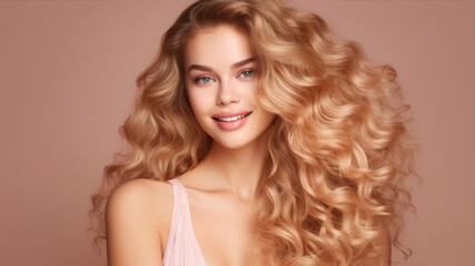 Naklejka premium Beautiful young woman with long curly hair. Portrait of a beautiful girl with blond hair.
