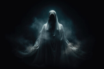 Fototapeta na wymiar Scary ghost on dark background. Flying monster wanders in night