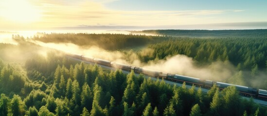 Aerial view of train in foggy forest at sunrise