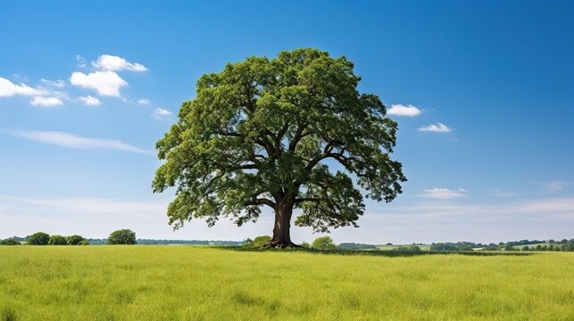  a large tree in a field with a blue sky in the background.  generative ai