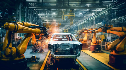 Futuristic car production line, advanced robots maneuver and weld. Generative AI - obrazy, fototapety, plakaty