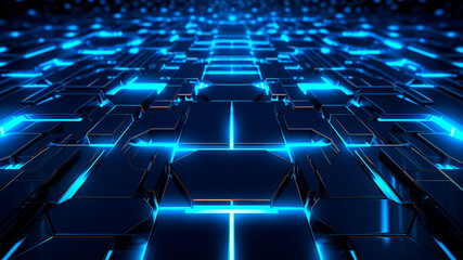 Fototapeta premium Abstract background glowing neon room. Blue futuristic wallpaper. Generative AI