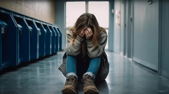 Girl sitting in school corridor, crying, bullying by classmates. Generative AI