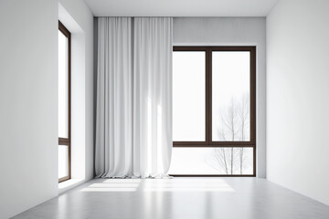 Fototapeta premium Room with white drapes and windows and an empty white wall. a mockup. Generative AI