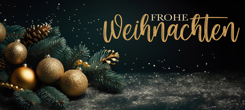 Frohe Weihnachten, festliche Grußkarte mit deutschem Text - Goldene Christbaumkugeln, Weihnachtskugeln, Tannenzweige und Zapfen und auf dunklem grünen Tisch