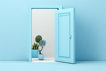A pastel blue door, window, and plant. light-colored copy space. minimalist backgrounds for websites, presentations, and frames. Generative AI