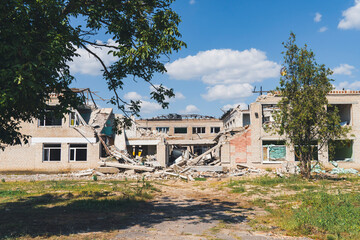 Fototapeta na wymiar The school was damaged by shelling. War in Ukraine