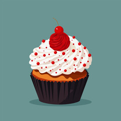 Vector illustration, an appetizing cupcake with cream and a cherry on top.

