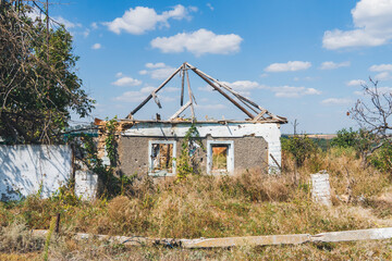 Countryside. A house destroyed by shelling. War in Ukraine