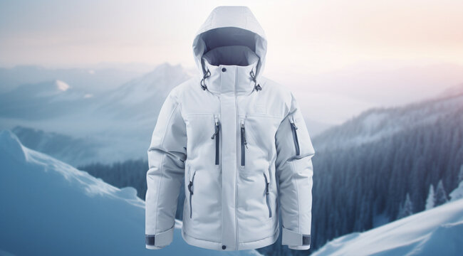 Winter warm jacket on the background of mountains without a person, created with the help of Generative AI technology.