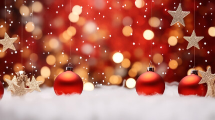 Christmas baubles and trinkets amidst sparkling snowflakes and festive bokeh lights