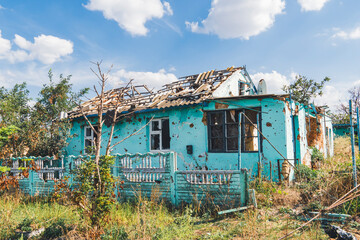 Countryside. A house destroyed by shelling. War in Ukraine
