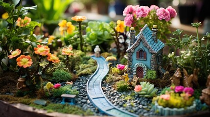 Fototapeta na wymiar a miniature garden with flowers and a house on a train track. generative ai