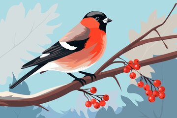 Beautiful bullfinch on a branch with red rowan fruits. Winter vector illustration for cards, congratulations, invitations. Design for New Year, Christmas. - obrazy, fototapety, plakaty