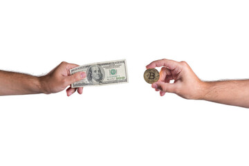 Exchange fiat money for bitcoin. A hand on a white background holds a $100 usd.
A hand on a white background holds a physical bitcoin coin.