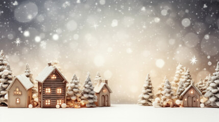 Paper houses radiating a warm glow from their windows set against a festive Christmas backdrop