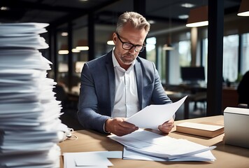 Serious mature businessman in eyeglasses working with papers in office - obrazy, fototapety, plakaty