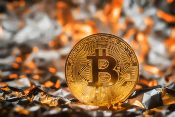 Close-up of a bitcoin coin against a background of gold ore.
BTC mining.