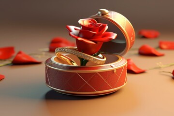 3D heart-shaped red ring box with two golden rings and a single red rose isolated. 3D illustration. Generative AI