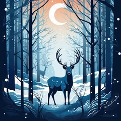 Winter Night Forest Deer. Flat Style Illustration in Blue and Brown colors