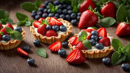 Appetizing tartlets with cream, strawberries, blueberries, mint - obrazy, fototapety, plakaty
