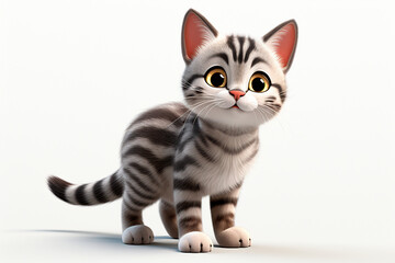 American shorthair cat on white background. Adorable 3D cartoon animal  portrait.