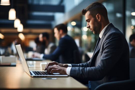 Businessman Using Computer While Sitting In Boardroom In Office