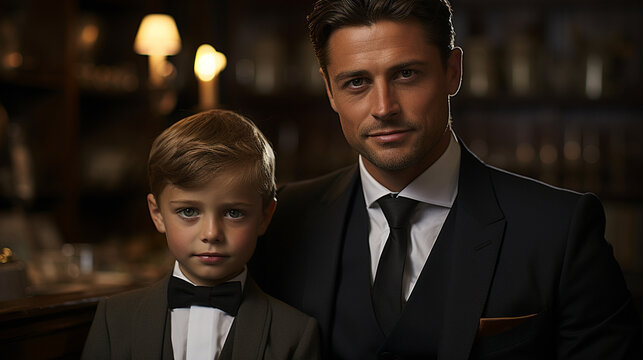 Elegant Evening: A sophisticated father and son duo ready for a night on the town.