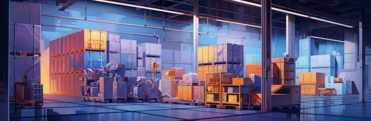 Containers in warehouse at night. 3d rendering, 3d illustration.