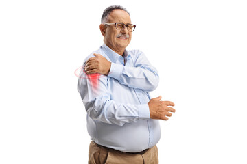 Mature man suffering from arthritis in the shoulder joint, pain and desease concept