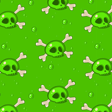 Vector pattern with skulp and bones on green background. Element for horror design, Halloween celebrated concept.