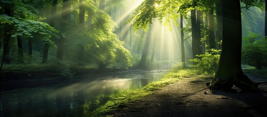Enchanting sunlit woodland in the morning With copyspace for text - obrazy, fototapety, plakaty