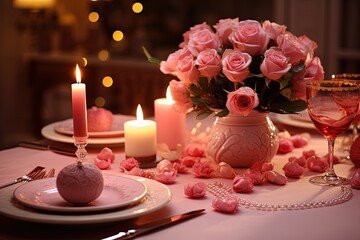 Romantic Valentine's Day Dinner Setup, Pink Roses and lovley decorated Table